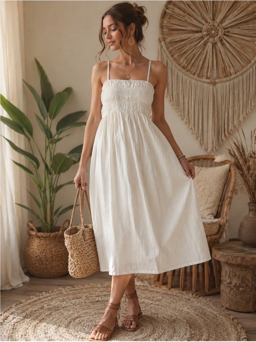 Abound White Smocked Midi Dress with Spaghetti Straps